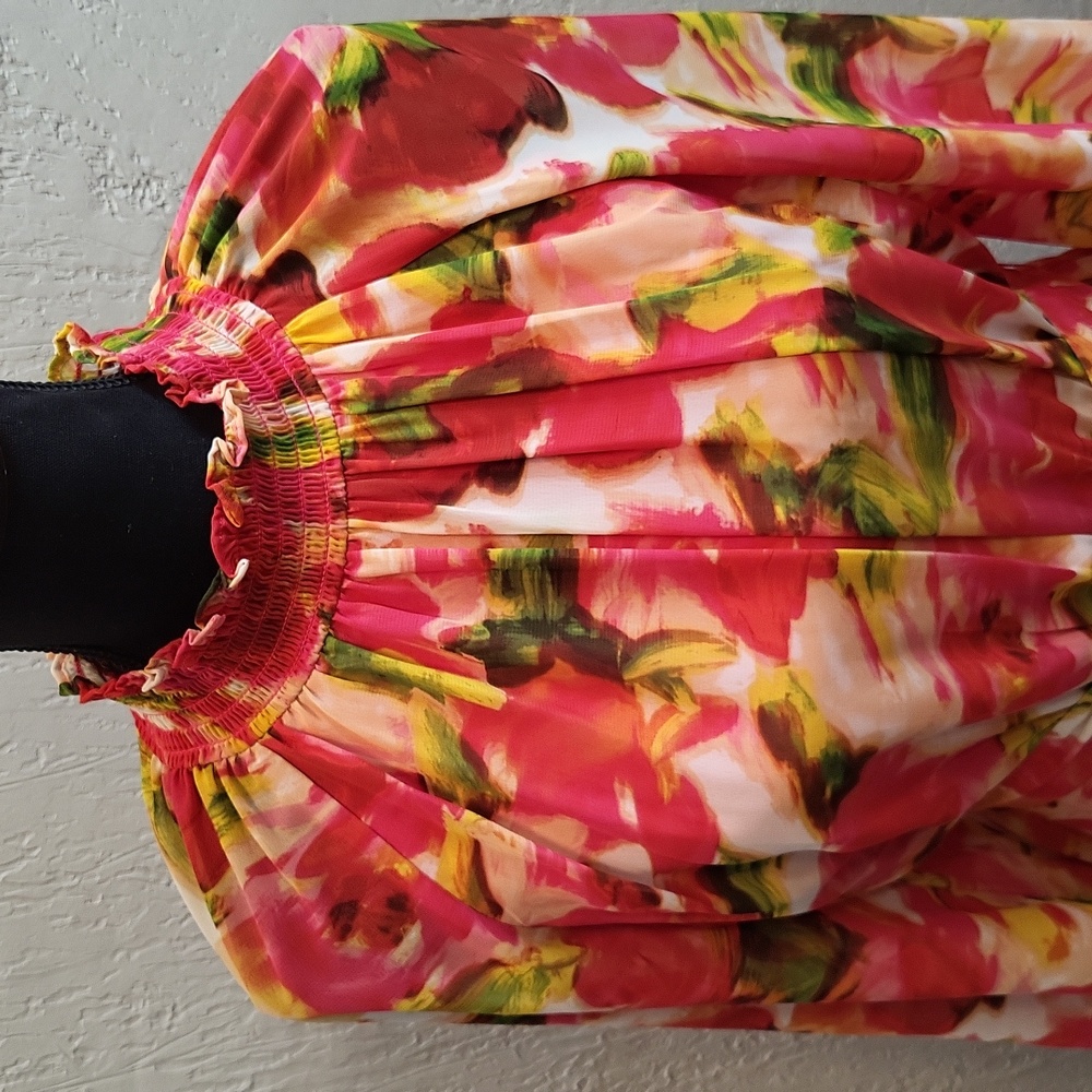 New Taylor Floral Chiffon Smocked Neck Sheer Ling Sleeve Belted Maxi Dress - Picture 7 of 15